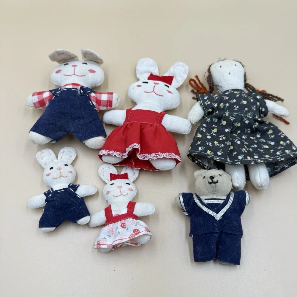 Lot 6 Vintage Handmade‎ Fabric Toys Bunny Bear Doll 1980s Primitive Retro Plush